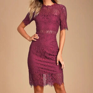 Lulus "NEW" Remarkable Burgundy Sheer Lace Short Sleeve Mini Dress Size XS